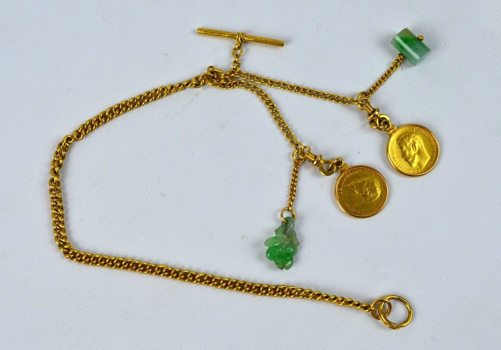 Chinese 22K Gold Watch Fob with 2 Russian Coins (1 of 6)