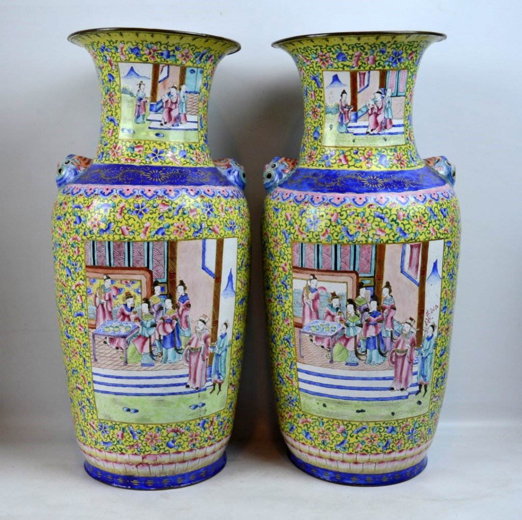 Pair 19thC Chinese Canton Enamel over Copper Vases (1 of 10)