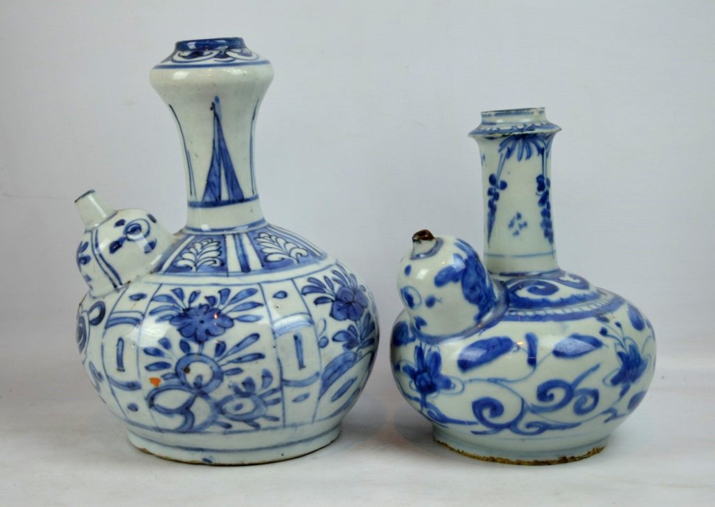 2 - Good Ming Dynasty Chinese Porcelain Kendis: 2 - Good Ming Dynasty Chinese Porcelain Kendis well painted in underglaze blue with scrolling flowers or paneled flowers, the larger with a label calling it "Persian" but it is Chinese. Good condition