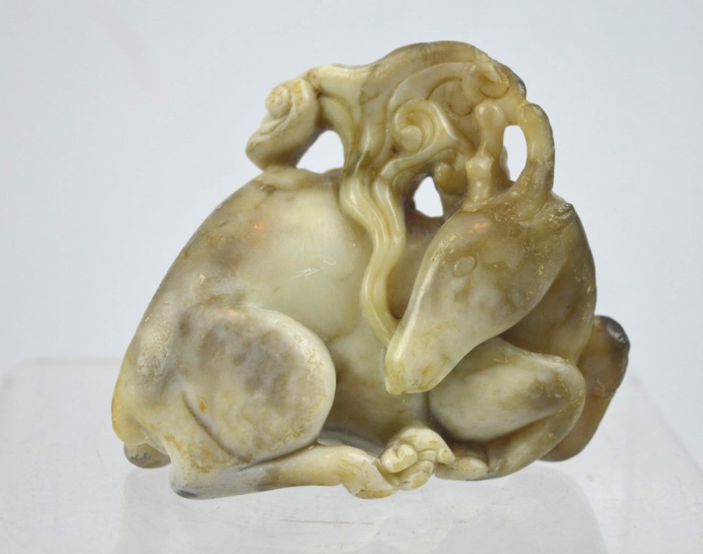 Antique Chinese Carved Soapstone Deer with Lingzhi: Antique Chinese Carved Soapstone Deer with Lingzhi. Age related wear to the soft stone. Width 3 1/8 inches (8 cm.). Provenance: Private Canadian Collection to Property removed from the estate of an ol