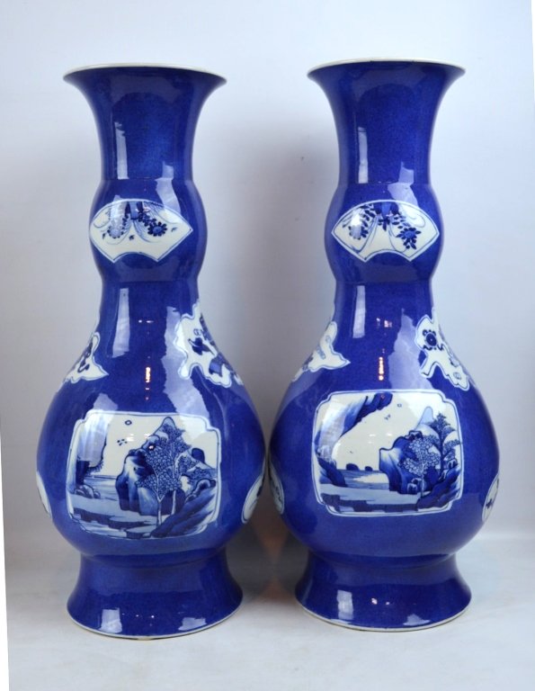 Christie's- Pr Kangxi Chinese Porcelain Vases: Pair Good Kangxi Century Chinese Porcelain Double-gourd Vases in underglaze "powdered-blue" with shaped windows well painted with landscapes, antiques, and flowers in underglaze blue. Good condition, 