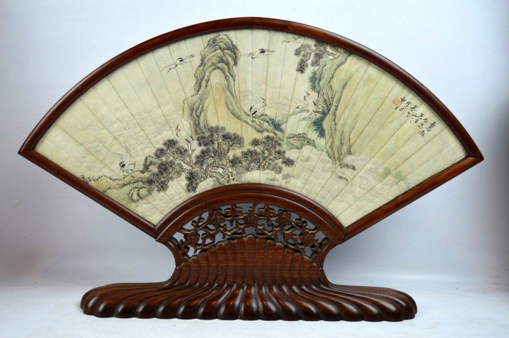 Antique Chinese Ink Painted Fan in Hardwood Stand (1 of 8)