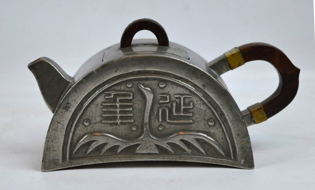 Chinese 19th C Pewter Roof-Tile Shaped Teapot (1 of 9)