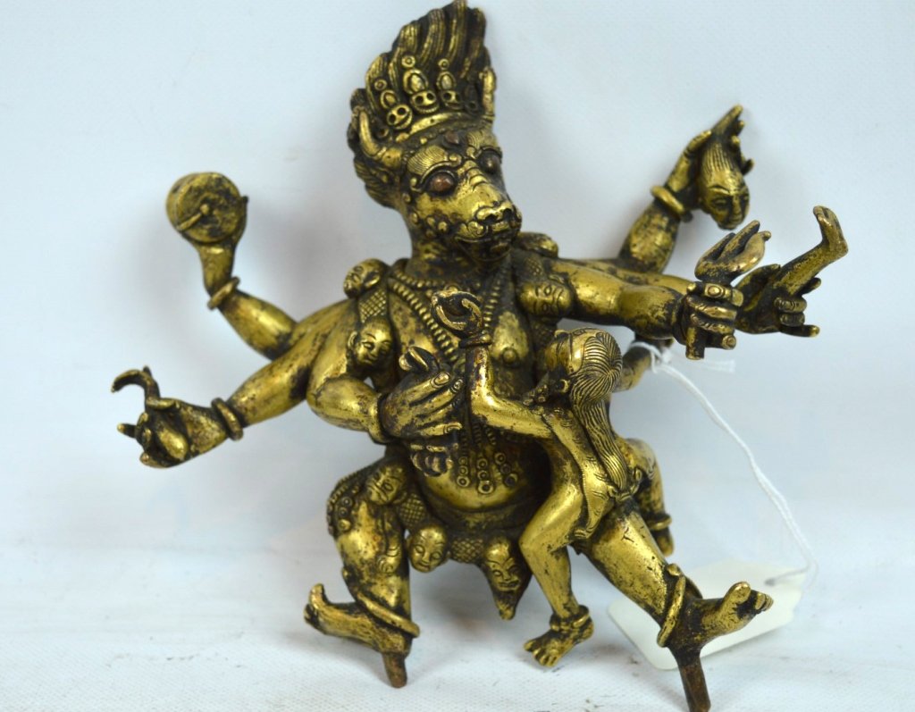 Fine 18th C Tibetan Gilt Bronze Bull God & Figure (1 of 8)