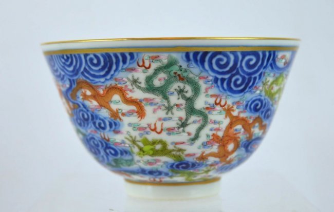 Fine Guangxu Mark & Period Bowl with Dragons: Fine Guangxu Mark & Period Bowl with Enameled Dragons in underglaze blue clouds; mark to base in underglaze blue. Good condition. Diameter 4 3/8 inches (11.2 cm.).