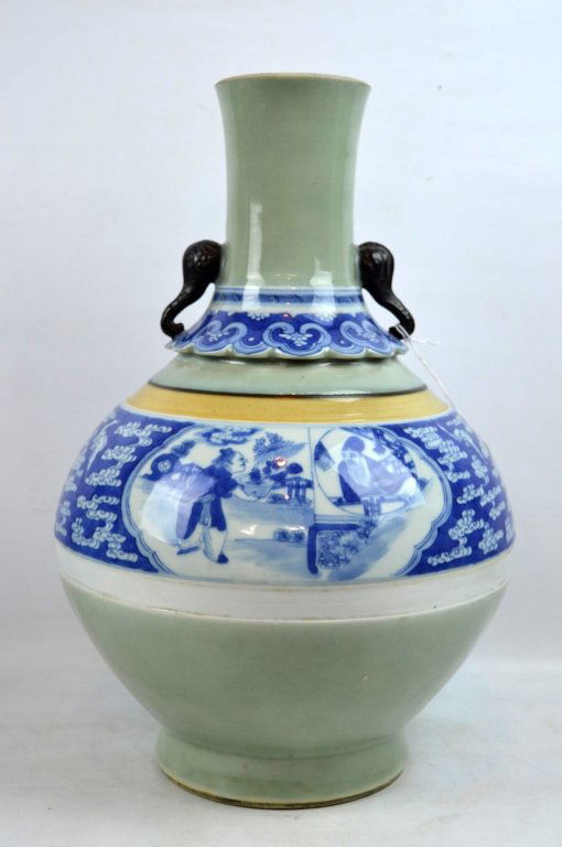 19th C Chinese Celadon, B & W Tall Vase (1 of 8)