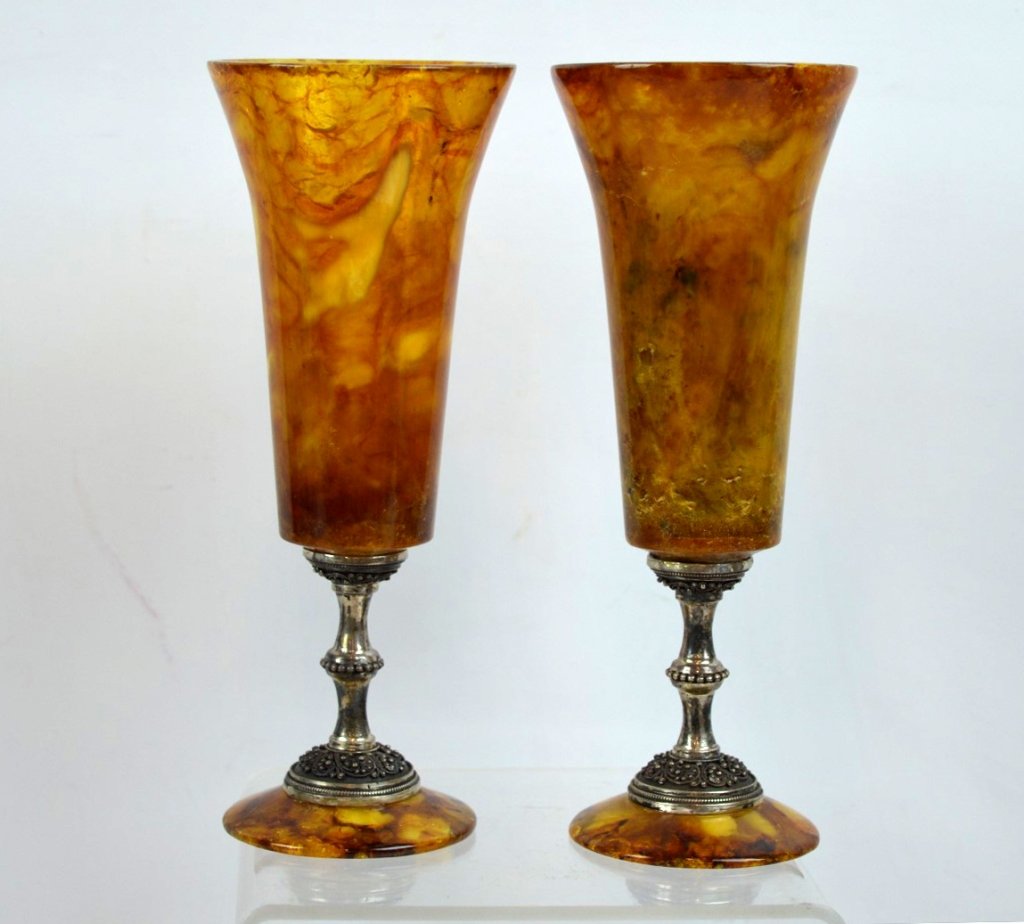 Rare Pair Russian Czarist Amber & Silver Goblets (1 of 8)