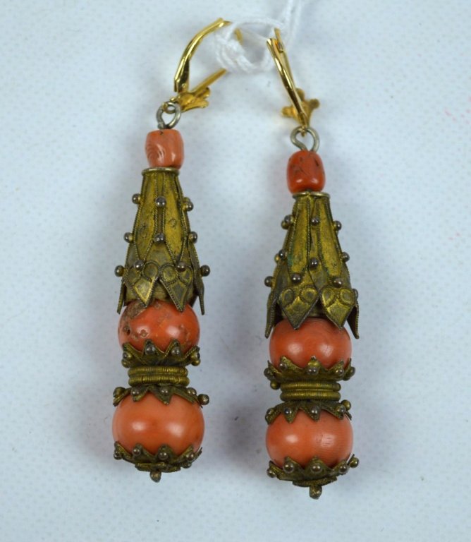 Pair Antique Chinese Gilt Metal & Coral Earrings (1 of 5)