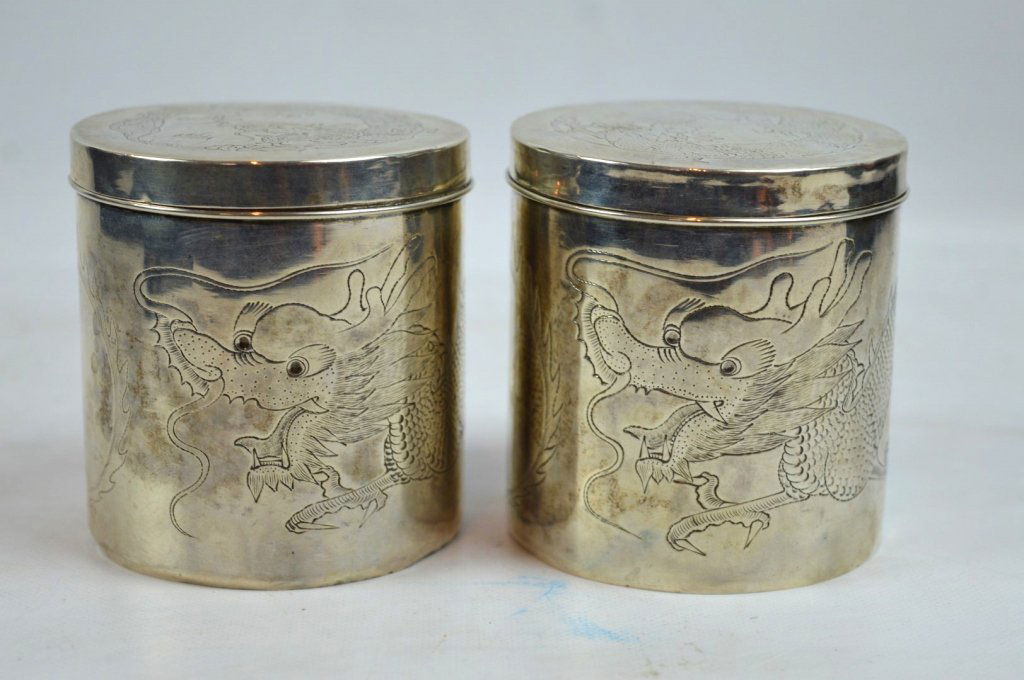 Pr Old Chinese Engraved Silver Tea Cans & Covers (1 of 7)