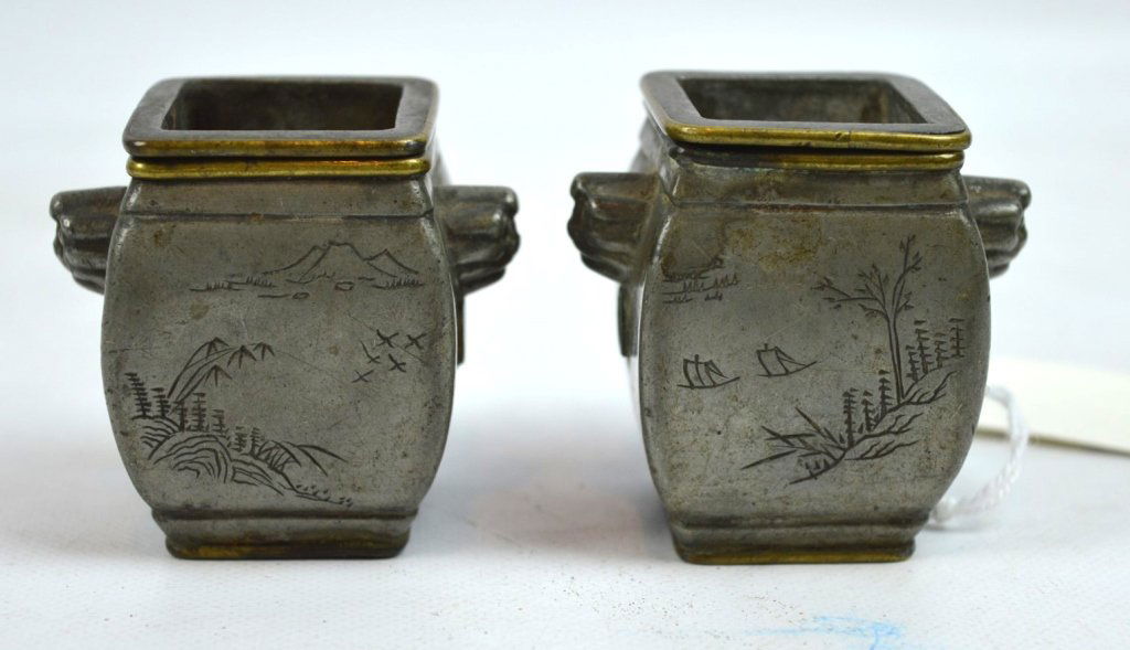 Pr. Chinese Incised Bronze Containers w Liners (1 of 6)
