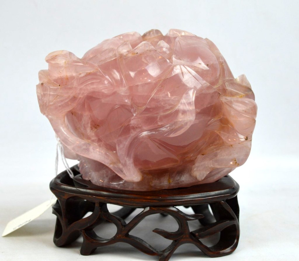 Antique Chinese Carved Rose Quartz Brush Washer: Antique Chinese Carved Rose Quartz Lotus Blossom Shaped Brush Washer on custom hardwood stand. Good condition. Width of rose quartz stone 5 1/4 inches (13.5 cm.).