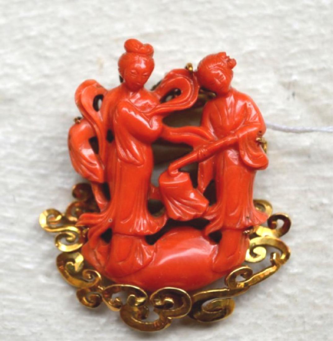 Old Carved Chinese Coral of 2 Beauties, 14K Pin (1 of 7)