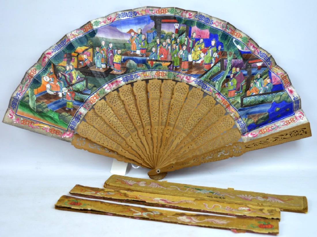 19th C Chinese Sandalwood & Painted Silk Fan (1 of 8)