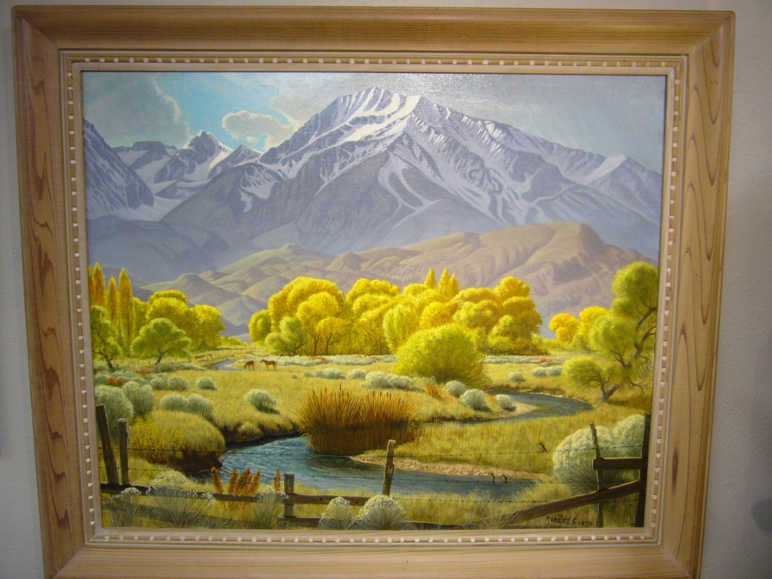 Oil painting on cavnas by Robert Clunie (1895-1984): Robert Clunie (1895-1984)In 1945 Clunie purchased land in Bishop CA. It was located on the north fork of Bishop CreekDimensions: Original, Oil on canvas, 36 in X 30 in, framed dimensions 43 W x 36 TEx