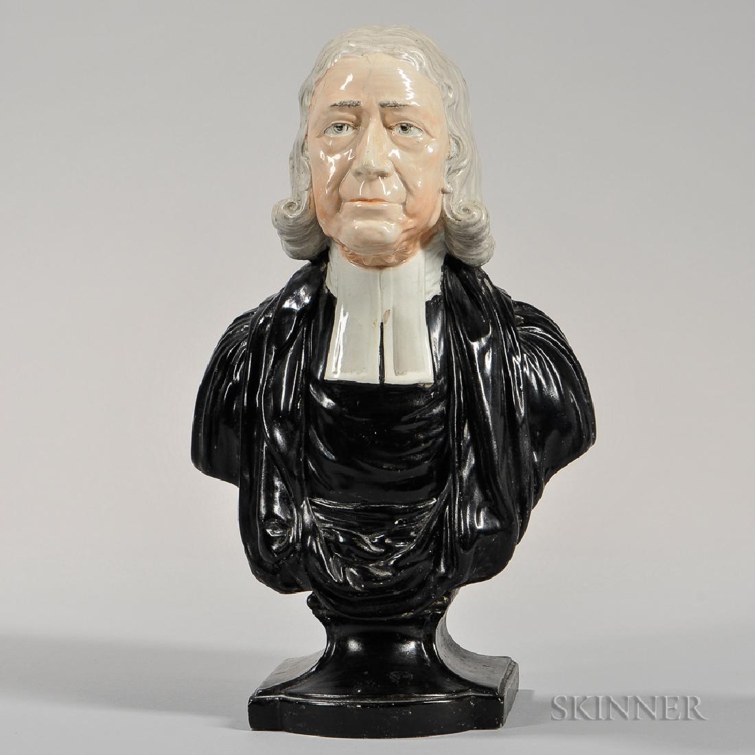 Enoch Wood Earthenware Bust of John Wesley: Enoch Wood Earthenware Bust of John Wesley, England, late 18th century, polychrome enamel decorated and mounted atop a flaring plinth, raised and impressed cartouche to the reverse inscribed ""The Rev