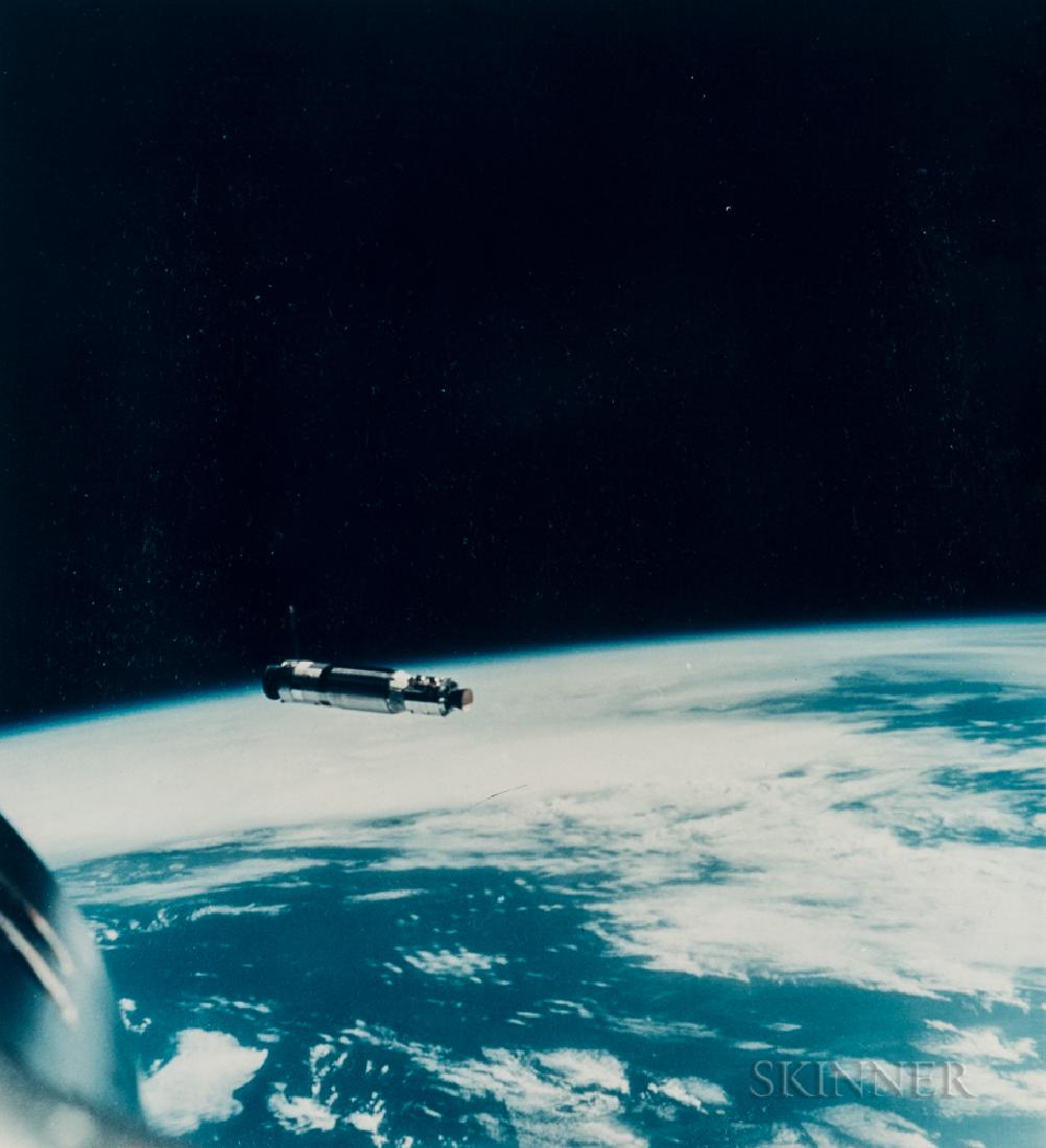David Scott (American, b. 1932): David Scott (American, b. 1932) The Agena Target Docking Vehicle (ATDA) over the Earth, the first unmanned satellite photographed from Space, Gemini 8, March 1966. Stamped "D4C 71474" on the verso u