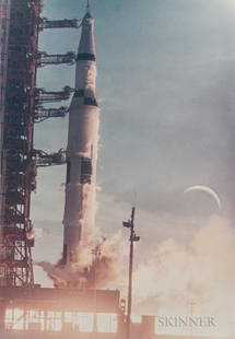 Ralph Morse (American, 1917-2014): Ralph Morse (American, 1917-2014) Liftoff, crescent Moon in background, Apollo 8, December 1968. NASA MSC caption on the verso. Vintage chromogenic print on fiber-based Kodak paper with 'A Kodak