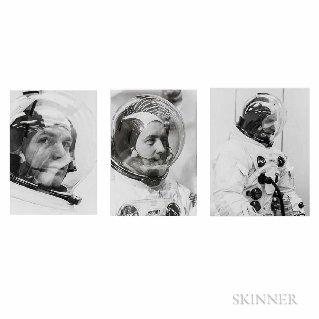 Unidentified Photographer: Unidentified Photographer Three portraits of astronauts James McDivitt, David Scott, and Russell Schweickart in spacesuits, Apollo 9, March 1969. NASA KSC captions on the verso. Vintage gelatin silv