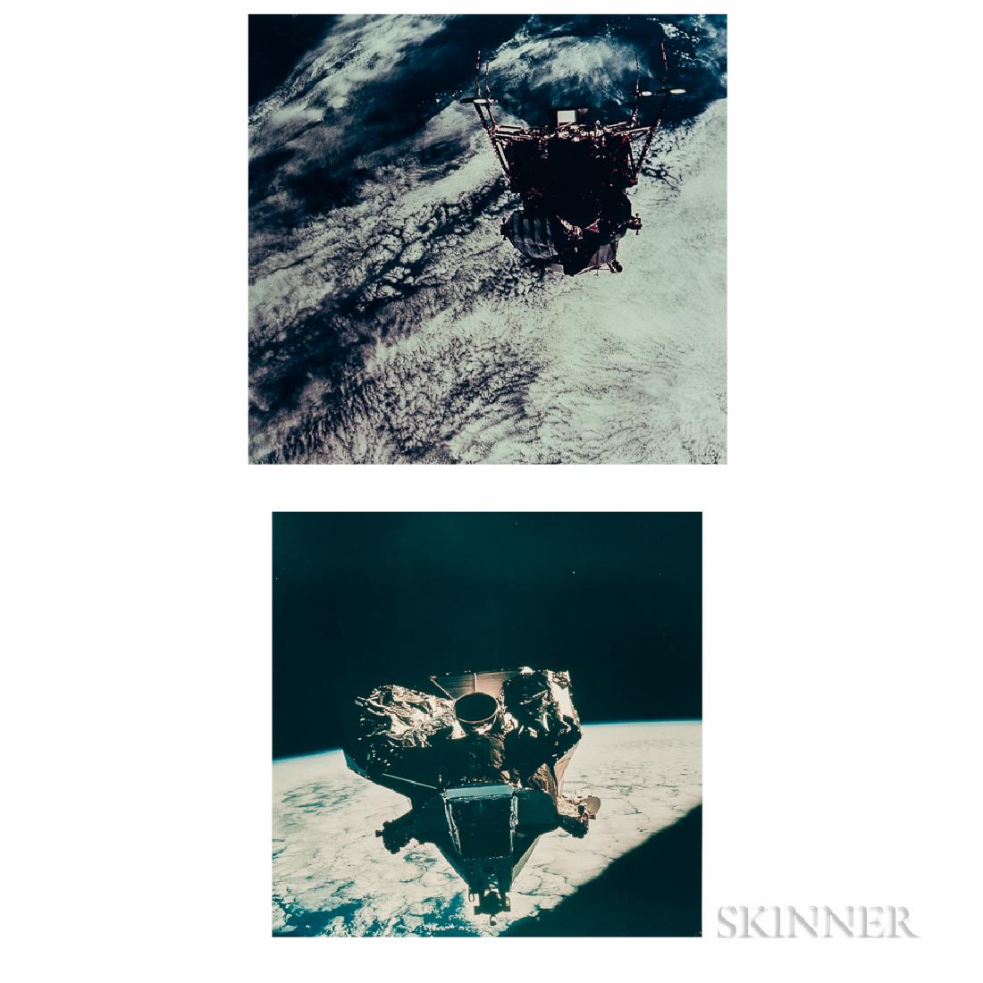 David Scott (American, b. 1932): David Scott (American, b. 1932) Two views of the Lunar Module Spider in lunar landing configuration over the Earth, Apollo 9, March 1969. Vintage chromogenic prints on fiber-based Kodak paper with '