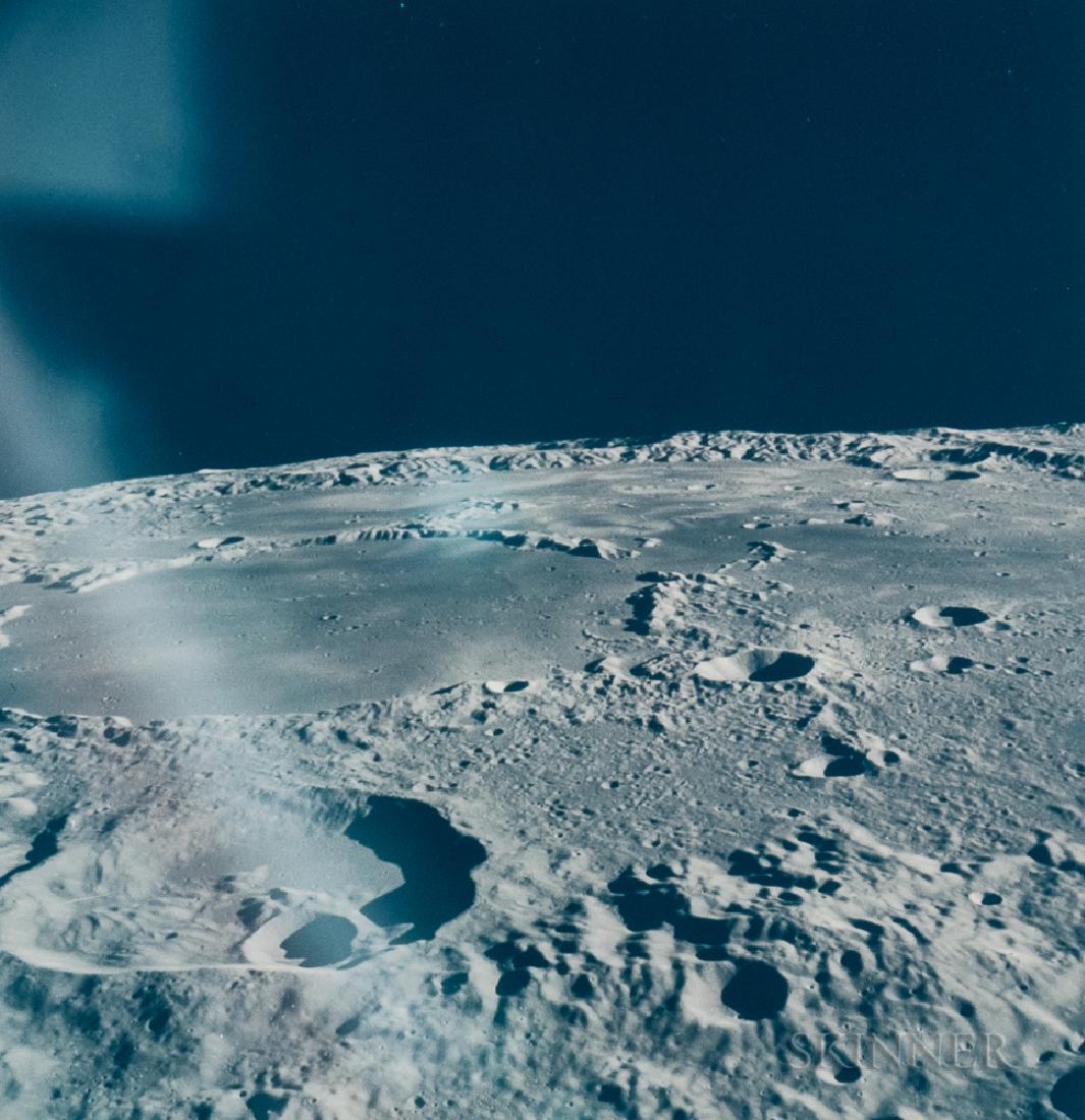 Alfred Worden (American, b. 1932), David Scott: Alfred Worden (American, b. 1932), David Scott (American, b. 1932), or James Irwin (American, 1930-1991) The Sea of Ingenuity seen with reflections of the low sunlight in the spacecraft's window, Ap