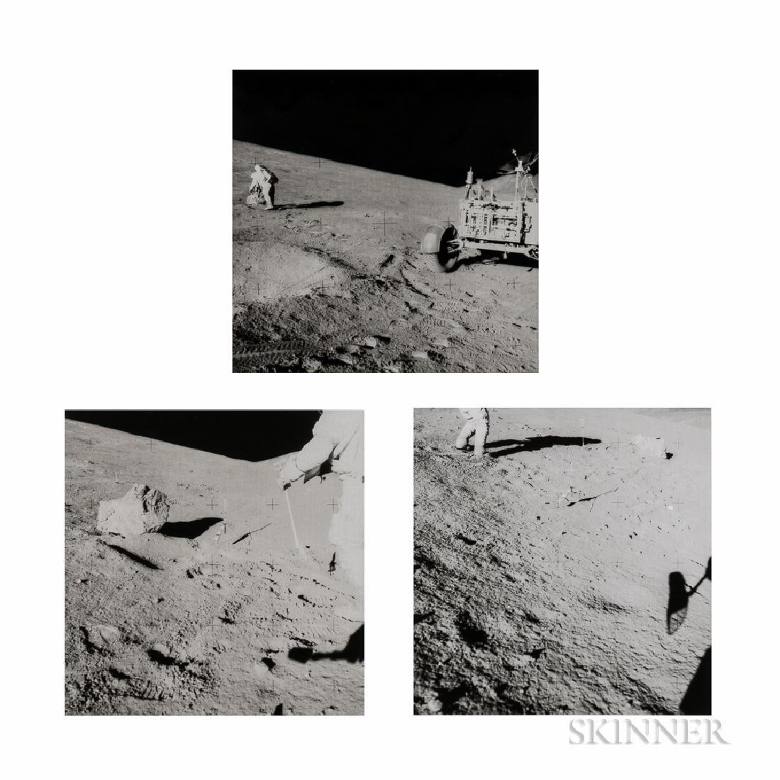 James Irwin (American, 1930-1991): James Irwin (American, 1930-1991) Three views of David Scott's geologic investigations at St. George Crater's Station 2, EVA 1, Apollo 15, August 1971. Numbered 'NASA AS15-85-11437,' 'AS15-85-11440,