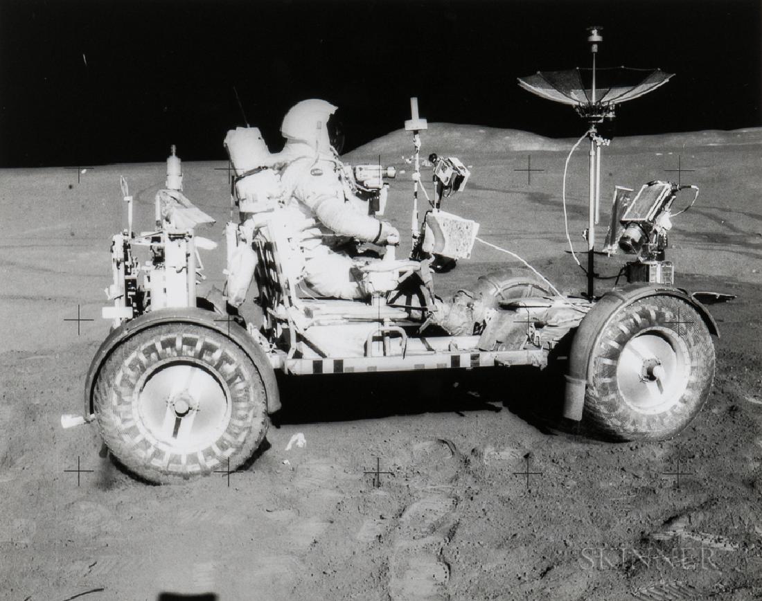 James Irwin (American, 1930-1991): James Irwin (American, 1930-1991) David Scott drives the Lunar Rover on the Moon, EVA 2, Apollo 15, August 1971. NASA KSC caption numbered 'AS-15-85-11471' on the verso. Vintage gelatin silver print