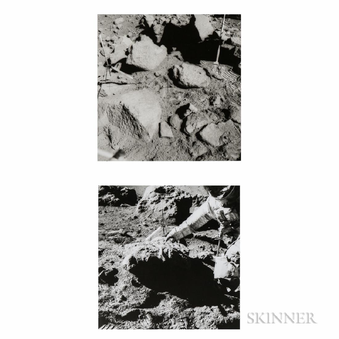 James Irwin (American, 1930-1991): James Irwin (American, 1930-1991) Two views of David Scott prospecting for samples in a field of boulders on the edge of Hadley Rille, Station 9A, EVA 3, Apollo 15, August 1971. Numbered 'NASA AS15-