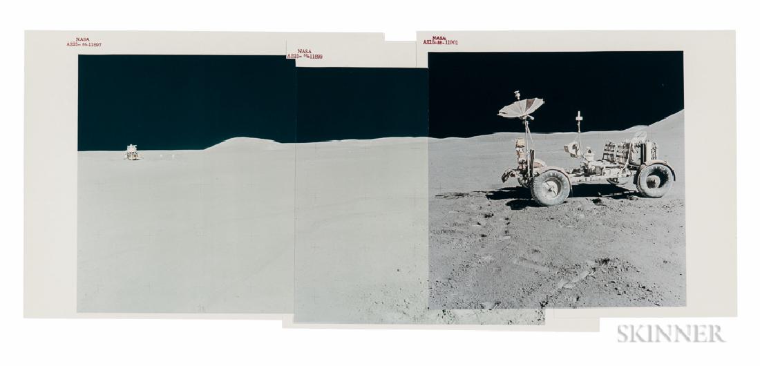 David Scott (American, b. 1932): David Scott (American, b. 1932) Lunar Rover "RIP" panorama with the Lunar Module Falcon, the flag, and James Irwin in the distance, EVA 3, Apollo 15, August 1971. Numbered 'NASA AS15-88-11897,' 'NAS