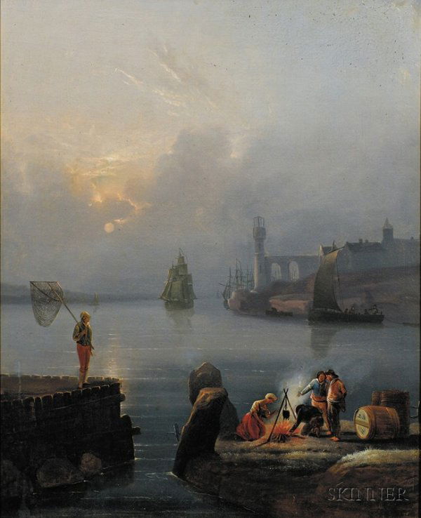 Continental School, 19th Century Moonlit Encampment: Continental School, 19th Century Moonlit Encampment by the Harbor. Unsigned. Oil on canvas, 40 x 30 in., framed. Condition: Lined, scattered losses and retouch, craquelure.