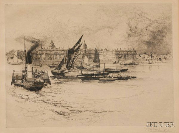 Lot of Two Etchings: F?lix Hilaire Buhot (French, 1: Lot of Two Etchings: F?lix Hilaire Buhot (French, 1847-1898), Pierrot Pendu; and Stephen Parrish (American, 1846-1938), Greenwich. The latter signed in pencil l.r. Plate sizes to