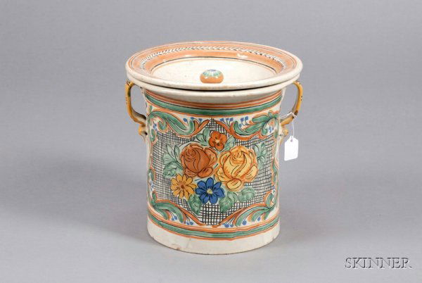 Talavera Tin Glazed Earthenware Jar and Cover, Mexi: Talavera Tin Glazed Earthenware Jar and Cover, Mexico, 20th century, polychrome enamel decorated with flowers, ht. 10 1/4, together with an associated mahogany commode stool, with upholstered lid, inc