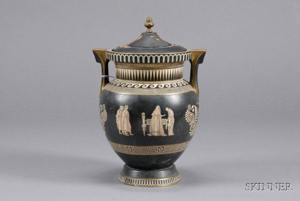 Staffordshire Pratt-type Earthenware Grecian Vase,: Staffordshire Pratt-type Earthenware Grecian Vase, England, mid-19th century, the two-handled body in a black ground with gilt trim and black transfer printed figures and anthemion surrounding, ht. 12