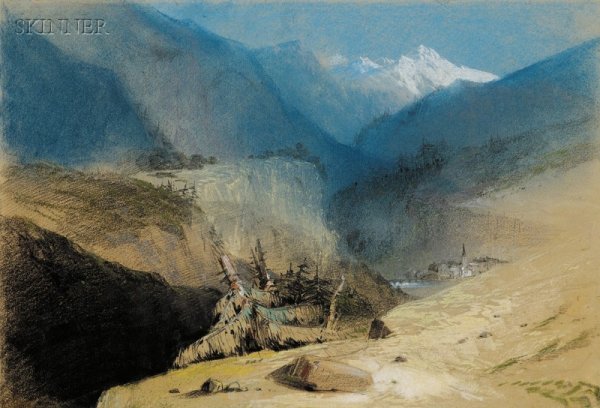 Attributed to Joseph Geldart (British, 1808-1882) : Attributed to Joseph Geldart (British, 1808-1882) Alpine Vista. Unsigned. Unsigned. Pastel and charcoal on tan paper, 10 5/8 x 15 1/2 in., unmatted, unframed. Condition: Unobtrusive toning, affixed at