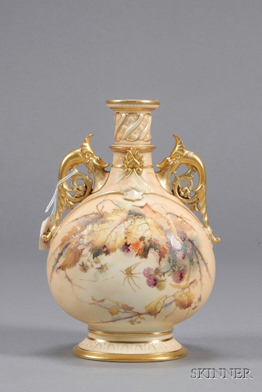 Royal Worcester Porcelain Vase, England, late 19th: Royal Worcester Porcelain Vase, England, late 19th century, oval bottle shape with two scrolled handles, raised gold and polychrome enameled floral decoration surrounding a central spider, printed mar