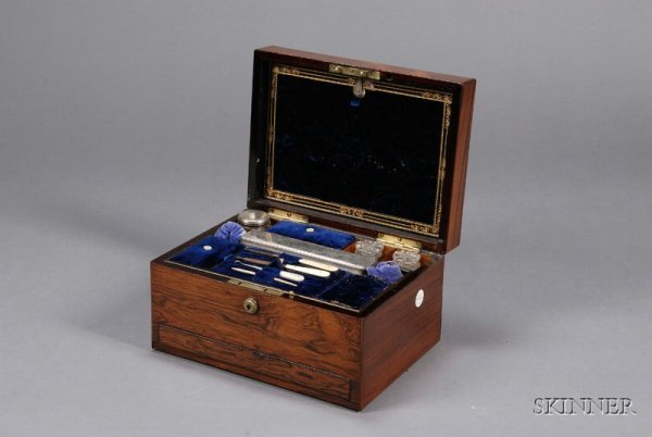Late Victorian/Edwardian Rosewood Necessaire Box, : Late Victorian/Edwardian Rosewood Necessaire Box, early 20th century, rectangular, lid enclosing interior fitted with silver-plate-lidded jars, two stoppered jars, velvet-lidded wells, two bone-handle