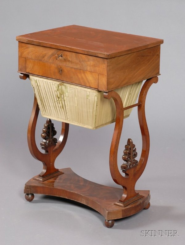 Austrian Mahogany Work Table, c. 1830, rectangular: Austrian Mahogany Work Table, c. 1830, rectangular top with fitted interior and sliding work basket, trestle base carved with open anthemion and shaped base on ball feet, ht. 28 1/4, wd. 18 1/2, dp. 1