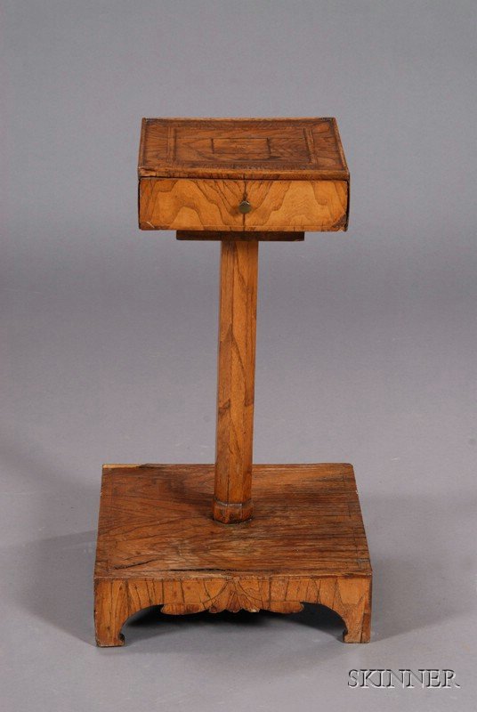 Biedermeier Walnut Veneered Single Drawer Work Tab: Biedermeier Walnut Veneered Single Drawer Work Table, c. 1840, square top on a faceted stem and square base with bracket feet, ht. 23 3/4, wd. 13 1/2 in.