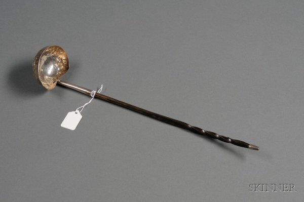 Late George III Silver Toddy Ladle, London, 1758, : Late George III Silver Toddy Ladle, London, 1758, maker's mark partially rubbed, likely Henry Bailey, with twisted baleen handle, ovoid bowl with later fruit and floral chasing and embossing, lg. 15 i