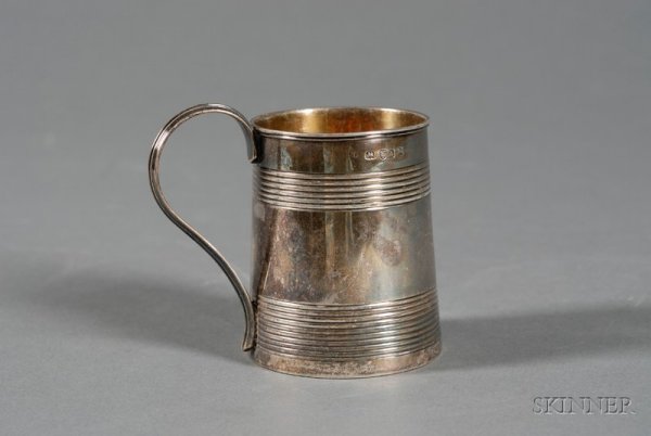 George III Silver Mug, London, 1796, makers' mark : George III Silver Mug, London, 1796, makers' mark rubbed, likely Peter and Jonathan Bateman, tapered cylindrical, with bands of horizontal reeding, reeded ear handle, bright cut monogram, ht. 3 1/8 in