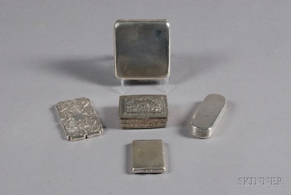 Three English Silver Boxes, Birmingham, a George I: Three English Silver Boxes, Birmingham, a George IV snuff box, 1827, maker's mark WS, oval with millegrained ground, lg. 3 1/4; a Victorian card case, c. 1843, maker's mark ES, with all-over leafy scr