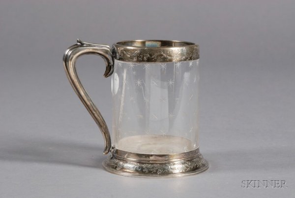 Victorian Silver and Cut Glass Mug, Birmingham, 18: Victorian Silver and Cut Glass Mug, Birmingham, 1867, maker's mark JB GB, cylindrical, with silver ear handle, rim and domed foot engraved with scrolling hops vines, and with "T.R. Colledge, 11th June