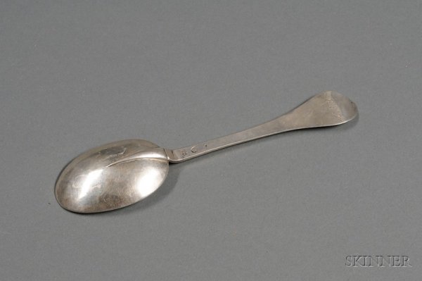 Continental 18th Century Silver Tablespoon, Koln, : Continental 18th Century Silver Tablespoon, Koln, Germany, or Grenoble, France, maker's mark WS, slightly dog-nosed front-tipt stem, rattail bowl, stippled with monogram to back of stem, lg. 8 1/8 in.