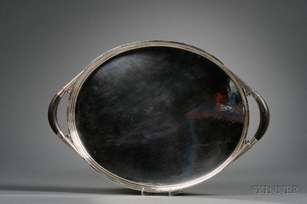 Georg Jensen Sterling Presentation Tea Tray, post-: Georg Jensen Sterling Presentation Tea Tray, post-1945, no. 251B, designed by Johan Rohde, oval, with beading to rim, ebony handles accented with reeding and curlicues at sockets, engraved with presen