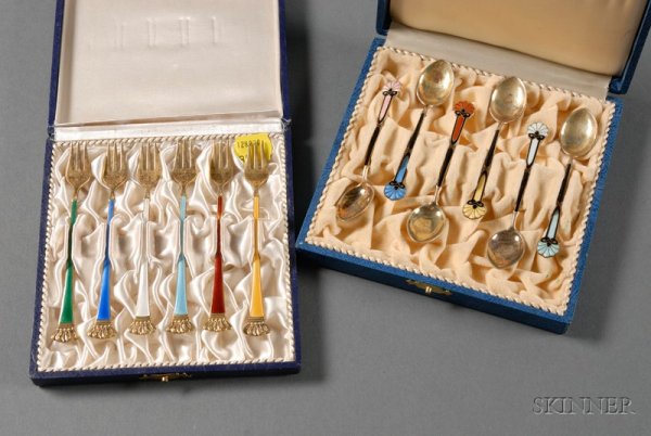 Two Sets of Boxed Scandinavian Gold-washed and Ena: Two Sets of Boxed Scandinavian Gold-washed and Enameled Sterling Flatware Items, mid-20th century, a set of Ela, Denmark, seafood forks, with multicolored stems ending in crowns, lg. 4 3/4, and a set 