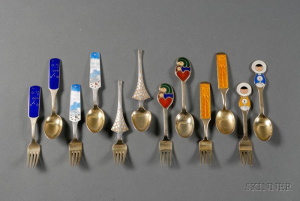 Six Danish Gold-washed Sterling and Enamel Decorat: Six Danish Gold-washed Sterling and Enamel Decorated Christmas Fork and Spoon Sets, A. Michelsen, maker, dating 1963-65, and 1967-69, each pair comprising a matching child's fork and spoon, landscape,