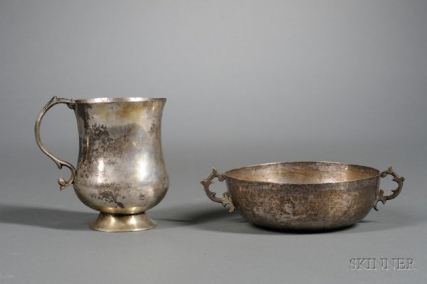 Two Spanish Colonial Silver Tablewares, 18th/19th : Two Spanish Colonial Silver Tablewares, 18th/19th century, comprising a baluster mug with serpentine handle and short trumpet foot, ht. 5, and a low bowl with small, shaped ear handles, wd. to handles