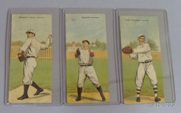 Three 1911 T201 Mecca Cigarettes Double Folder Base: Three 1911 T201 Mecca Cigarettes Double Folder Baseball Cards, no. 2, John Lapp/John Barry, no. 18, James H. Dygert/J.B. Seymour, and no. 29, Edgar Summers/Hugh Jennings.