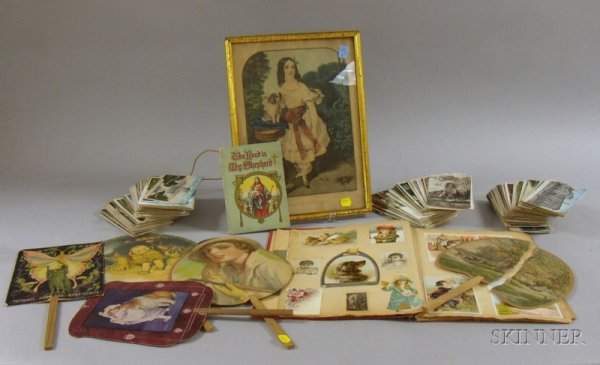 Collection of Late 19th and Early 20th Century Post: Collection of Late 19th and Early 20th Century Postcards and Ephemera, chromolithograph scrap album, five paper advertising hand fans, a hand-colored lithograph The Two Pets, etc.
