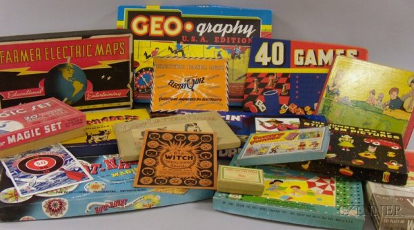 Approximately Seventeen Assorted Mid-20th Century : Approximately Seventeen Assorted Mid-20th Century Games and Toys, including GEO-graphy, Lost Letter Game, Ideal Sentence Cards, Favorite Funnies, Jumbo Box of Stick'em Pictures, Plast-Ad Wordbuilder, 