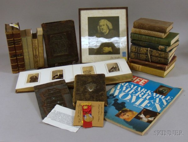 William Bailey Dunning Family Archival Material, i: William Bailey Dunning Family Archival Material, including a delegate pin, photo album, printers plate, Life Magazine, painting of Daniel Messenger, sixteen related books, and a print of Samuel Johnso